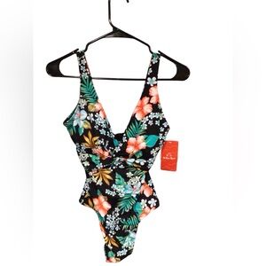 As Rose Rick black floral one piece swimsuit size medium UPF 50+ new with tag